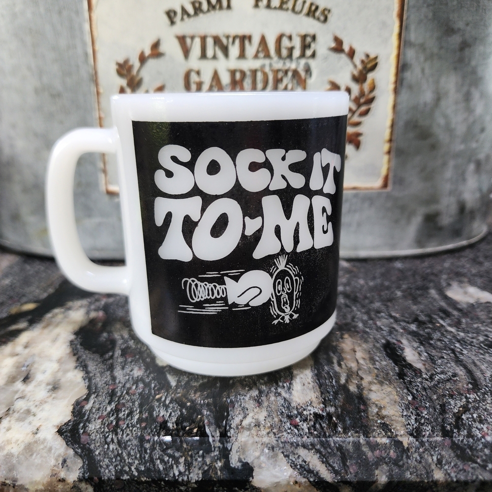 Vintage Black and White Sock It To Me Milk Glass Mug